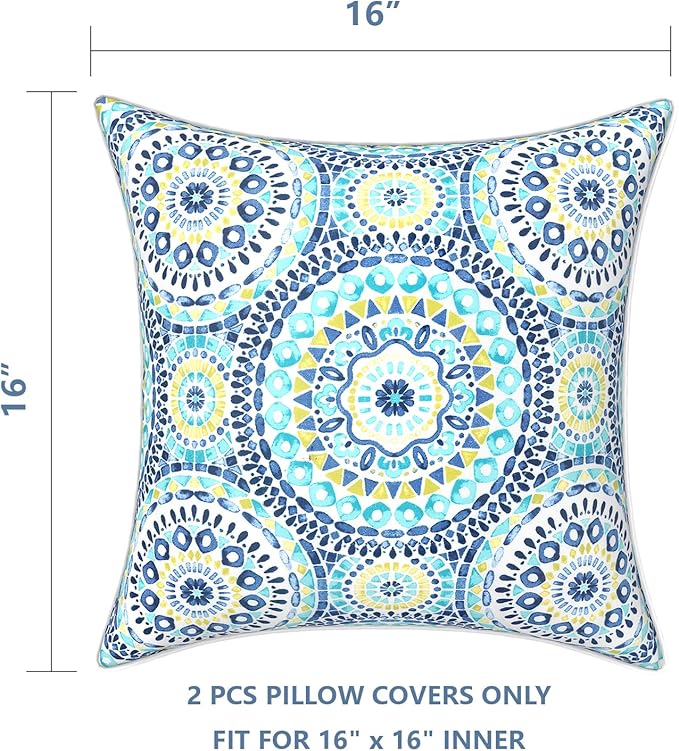 LVTXIII Outdoor Throw Pillow Covers 16x16 Decorative Accent Pillow Cases All Weather Square Cushion Covers for Sofa Patio Couch Use, Pack of 2, Delancey Baltic