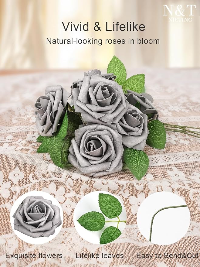 N&T NIETING Artificial Flowers, Fake Flowers Roses Perfect for DIY Wedding Bridal Bouquets Centerpieces Bridal Shower Party Home Flower Arrangement Decorations, 25Pcs, Silver Gray