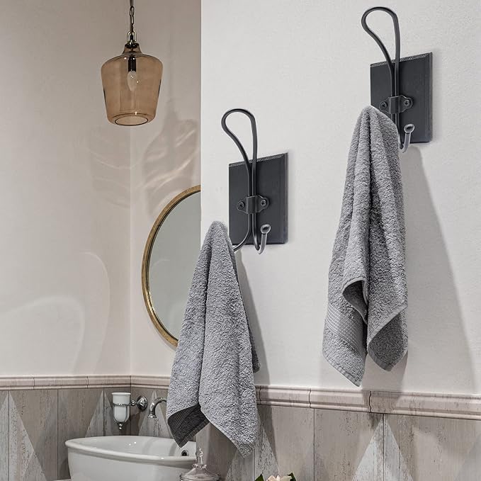 Double Towel Hooks for Bathroom, 2 Pack Farmhouse Coat Hooks Wall Mounted, Heavy Duty Rustic Decorative Wood Wall Hooks Hanging Keys Robe Hat for Bedroom, Kitchen, Entryway (Black)