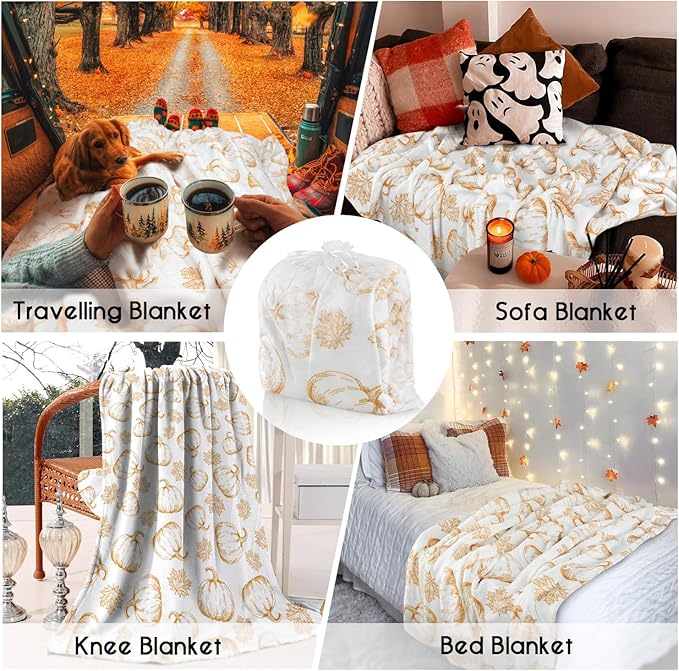 Fall Thanksgiving Blankets,Orange Pumpkin Maple Leaves Farmhouse Blanket Throw,Thanksgiving Fall Flannel Fleece Throw Blanket for Home Living Room Couch Bed Chair or Dorm Decor 60"x50"