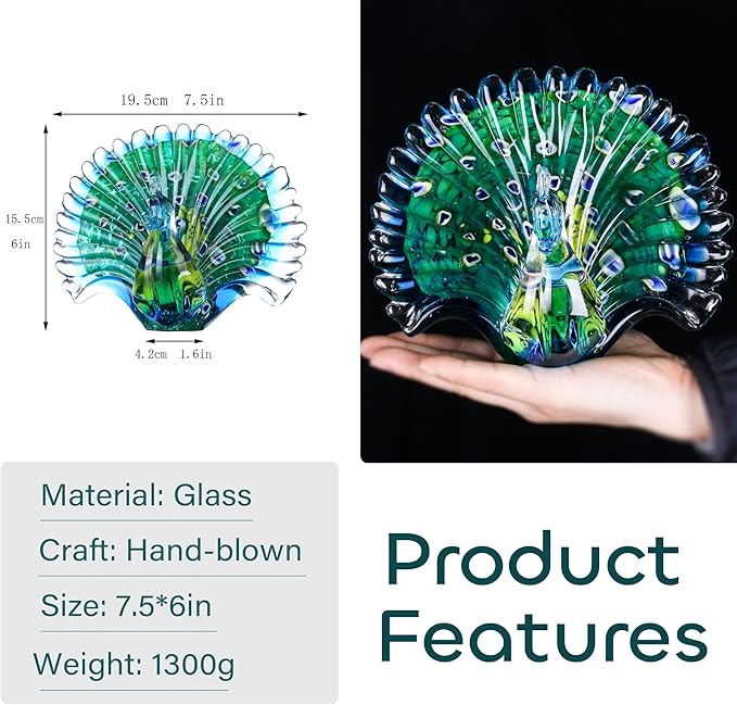 Crystalsuncatcher Hand Blown Colorful Peacock Art Glass Table Top Sculpture Room Decor (Peacock)