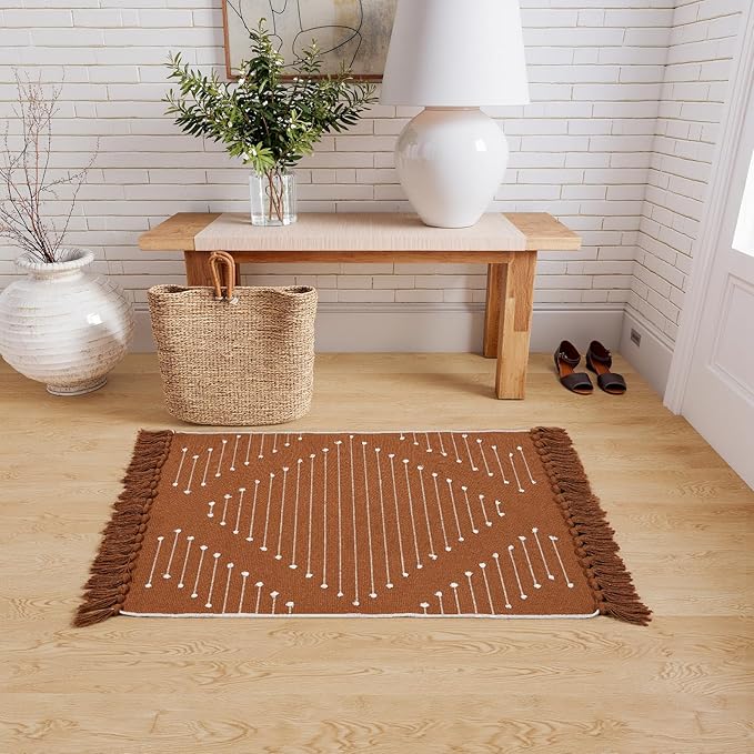 LIVEBOX Boho Bathroom Rug 2' x 3' Washable Burnt Orange Small Moroccan Throw Rug for Bath,Cotton Woven Area Rug Carpet with Tassel for Entryway Kitchen Sink Front Door Fall Bathroom Decor