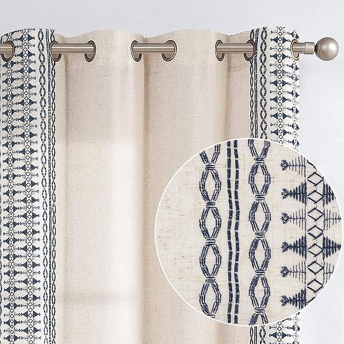 Lazzzy Blue Boho Linen Blend Curtains 63 Inch Long for Bedroom, Living Room, Bohemian Embroidered Light Filtering Window Drapes, Grommet Window Treatment, Set of 2 Panels, Blue on Beige
