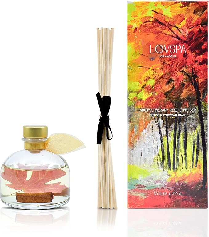 LOVSPA Autumn Leaves Spiced Caramel Vanilla Scented Reed Diffuser Room Fragrance - Sweet Caramel, Warm Nutmeg, Cinnamon & Vanilla Cream - Decorated with Real Fall Leaves! Great Kitchen Scent