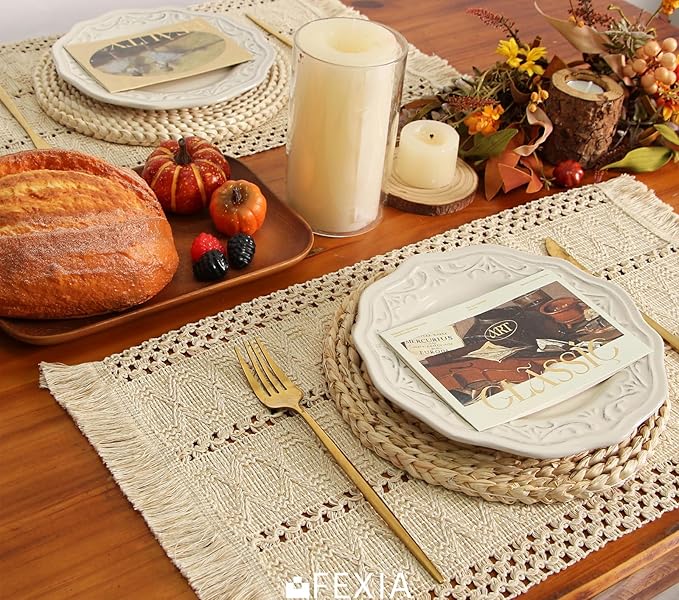 FEXIA Boho Placemats Set of 6, Macrame Table Decor and Farmhouse Style Placemats Natural Cotton Burlap, for Dining Table, Beige