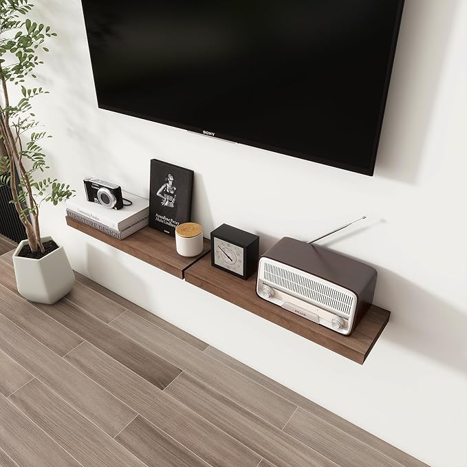 Axeman Floating Shelves, 2 Pack 8 Inch Deep Rustic Solid Wood Wall Shelves for Storage, Wall Mounted Display Shelving with Invisible Heavy-Duty Metal Bracket, 24" W x 8" D x 1.6" H, Walnut