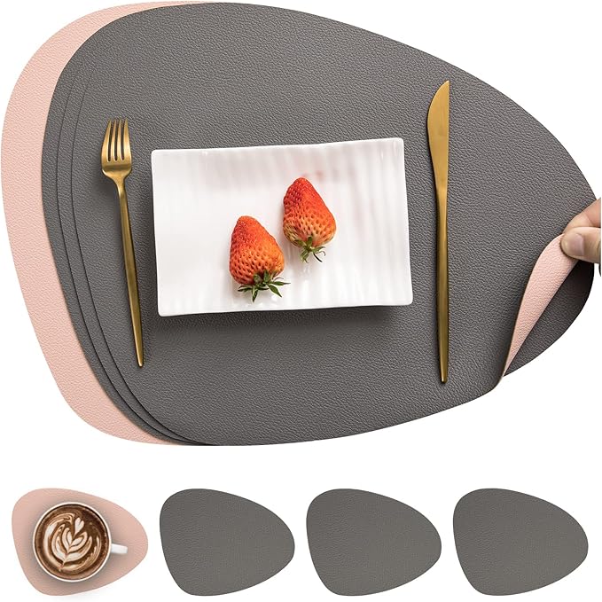 Myir JUN Placemats, Dual-Sided Placemats Waterproof Faux Leather Placemats Set of 4 Place Mats and Coasters Non-Slip Washable Table Mats for Dining Table (Gray Pink, Set of 4)