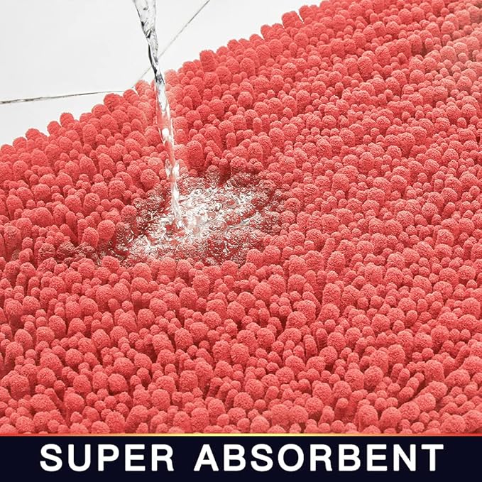 Walensee Bathroom Rug 2 Pieces Set Non Slip Bath Mat (17x24 Plus 20x32 Inch Living Coral) Water Absorbent Super Soft Shaggy Chenille Machine Washable Dry Extra Thick Perfect Carpet for Shower Floor