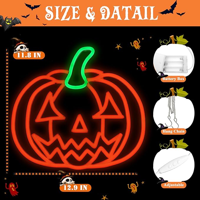 Halloween Neon Sign, Halloween Pumpkin Neon Light Battery or Usb Powered for Wall Decor, Adjustable Brightness Halloween Neon Light(12.9 x 11.8 inches)