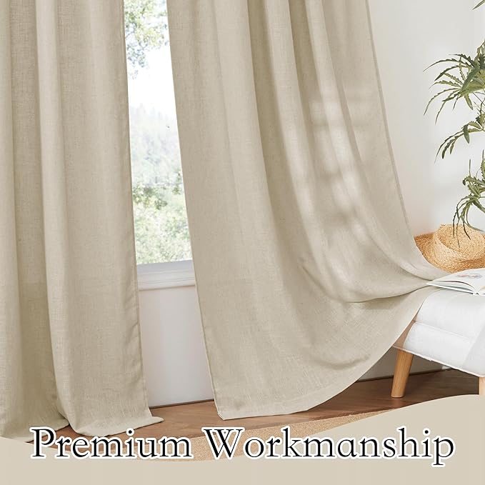 RYB HOME Beige Linen Curtains for Living Room, Rod Pocket Soft Thick Linen Burlap 72 Inch Length Light Filtering Privacy Assured for Home Office Dining Room, W 34 x L 72 inches, 2 Panels Set