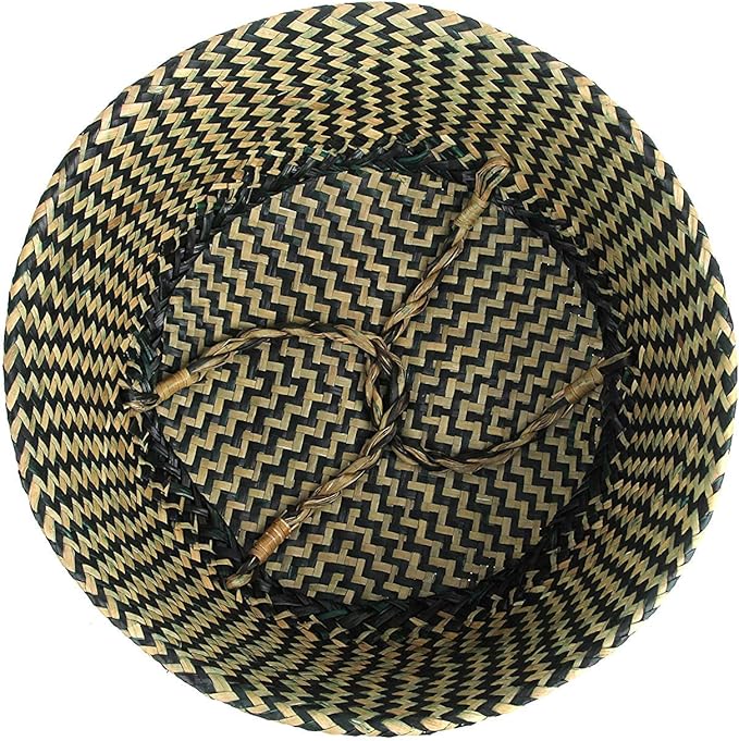 Woven Seagrass Belly Basket for Storage, Plants, Laundry, Picnic and Groceries (Medium, Black Strips)