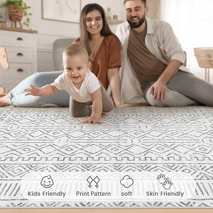6x9 Area Rug Living Room: Washable Boho Geometric Moroccan Rug Neutral Modern Farmhouse Indoor Soft Non Slip Ultra Thin Printed Pattern Carpet for Dining Room Bedroom Nursery Home (BeigeBrown, 6'x9')