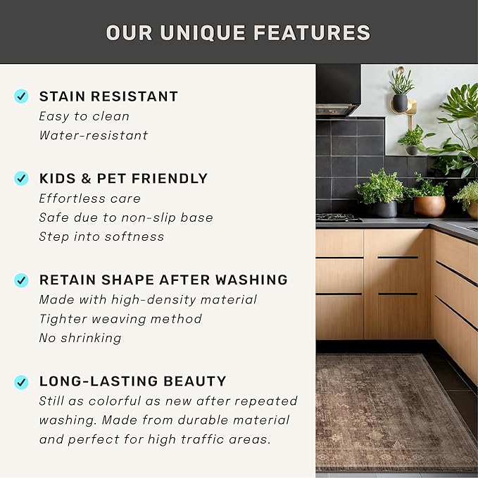 Brown Boho Washable 2x6 Runner Rugs for Hallway Kitchen Bedroom Beside Laundry Room Bathroom Rug, Pet & Kids Friendly, Non Slip Low Pile Stain Resistant Soft Faux Wool Long 24 x 72 Floor Carpet