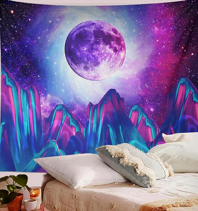 Trippy Psychedelic Tapestry Mountain Moon Galaxy Star Night Sky Universe Space Blue Starry Sky Wall Hanging Clouds Tree Aesthetic Wall Art for Bedroom Teen Girl Living Room 60x80