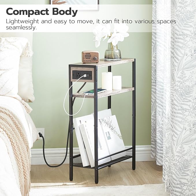 HOOBRO Small Narrow Side Table with Charging Station Set of 2, Skinny End Table for Small Spaces, Slim Nightstand with USB Ports Outlet, Sofa Beside Table with Storage Shelf BG102UBZP201