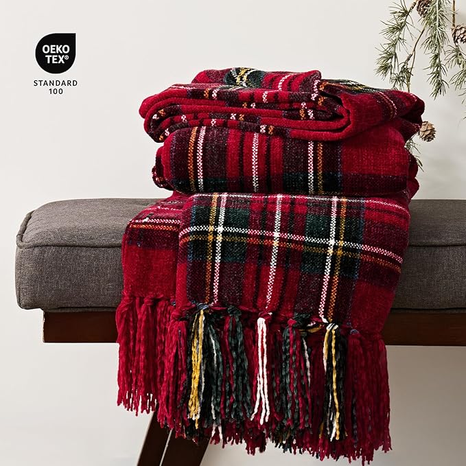 EVERGRACE Stewart Red Christmas Plaid Chenille Throw Blanket for Couch, Super Soft Cozy Tartan Checkered Throw Blanket with Tassels, Lightweight Plush Chenille Knit Throw for Christmas Decor, 50"x60"