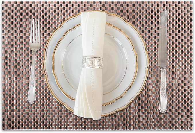 Vinyl Plastic Placemats Set of 6 Washable Heat Resistant Non-Slip Elegant Indoor Outdoor Kitchen Dining PVC Woven Table Place Mats (Black Red Weaving)
