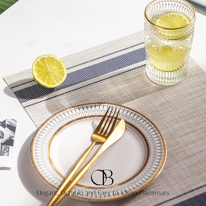 Placemats Set of 12 - Easy Clean Woven Vinyl Placemats for Dining Table, Indoor/Outdoor Place Mats, Washable PVC Table Mats(Blue Skyline)