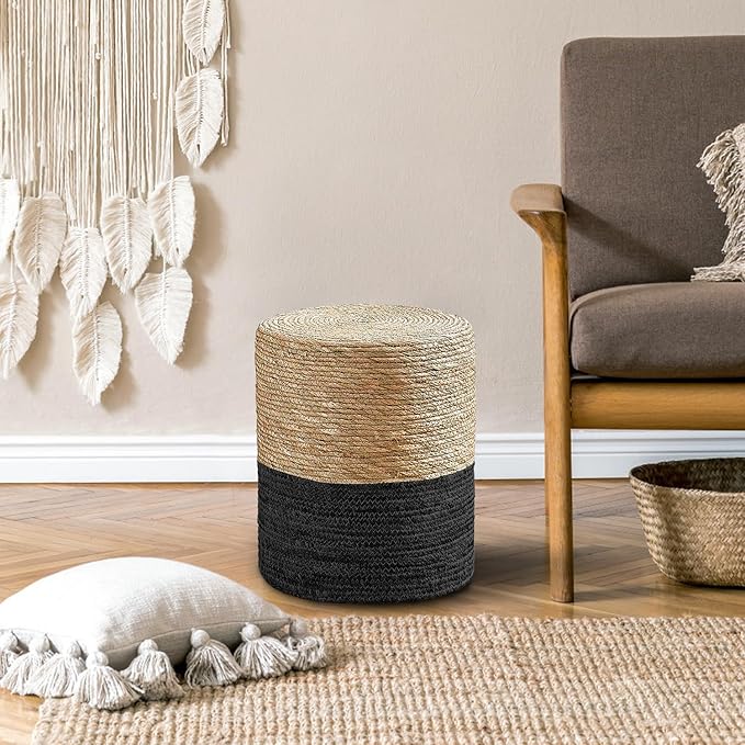Cplxroc Pouf Ottoman, 100% Handwoven Seagrass Braided Pouffe, Boho Decor Floor Chair for Couch or Desk, Outdoor Ottomans for Garden, Round Footrest with Wood Frame, Home Decorative Seat for Balcony