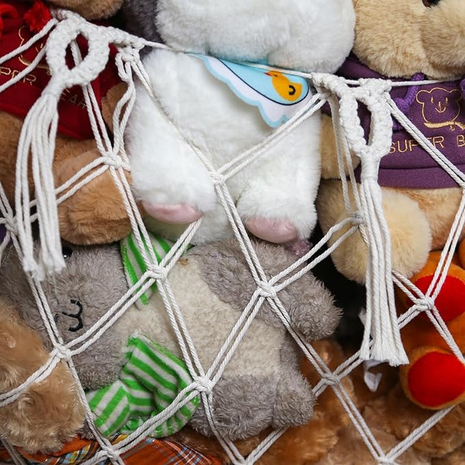 Stuffed Animal Soarage Hammock Macrame Toy Diaplay Plush Toy Holder Ceiling Hanging Net for Stuffed Animal Storage (Cream, Small)