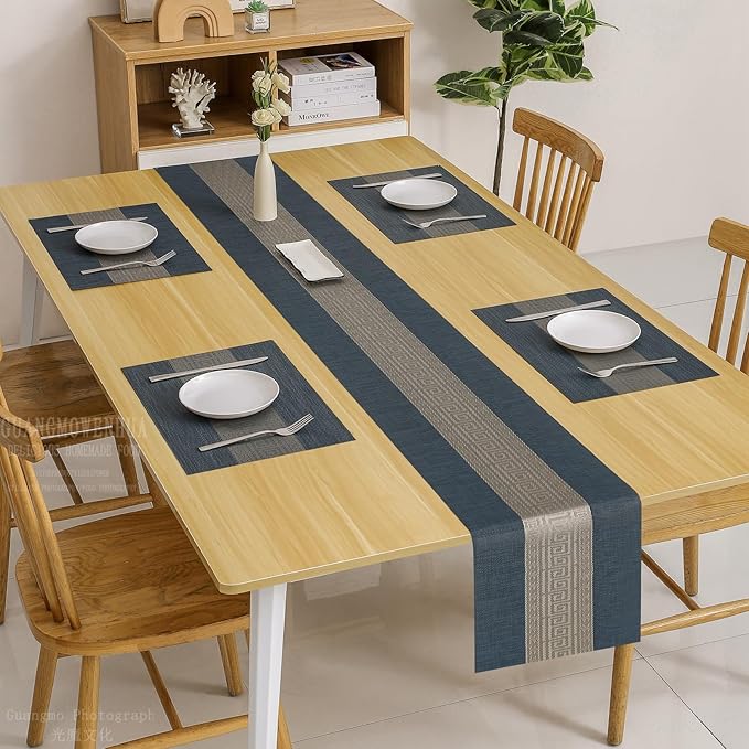 Placemats with Table Runner Set Place Mats, Woven Crossweave Placemat Vinyl Kitchen Tablemat, Washable PVC Table Mats for Dining Table, Parties, Farmhouse, Thanksgiving, Christmas & Gathering (Blue C)