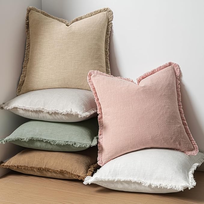 MIULEE Decorative Throw Pillow Covers Neutral Linen Fringe Throw Pillows Set of 2 Pink Boho Farmhouse Cushion Covers with Tassels for Couch Sofa Bed Living Room Spring Home Decor 18x18 Inch
