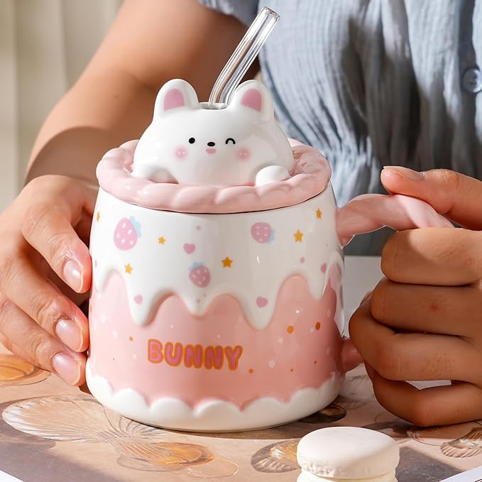 Adorable Cake Ceramic Coffee Mug - Elegant Birthday Gift for Women and Girl, Cute Rabbit Cup with Sweet Design, Perfect Present for Her Daily Tea & Coffee(Model A)