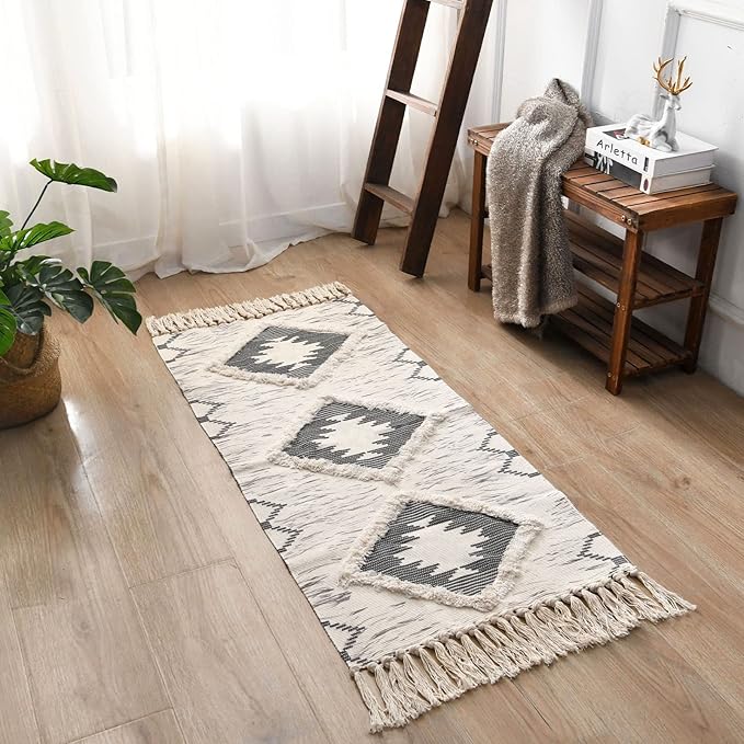 Boho Runner Rug 2'x4.3', Washable Hallway Rug Runner Non Slip Rubber Backed, Kitchen Farmhouse Area Rug Floor Mat with Tassels, Tufted Woven Cotton Entryway Carpet, Grey