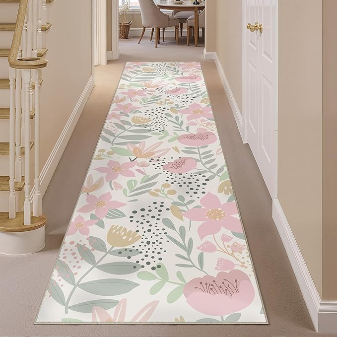 Floral Runner Rug 2x8 Washable Hallway Pink Bedroom Non Slip Cute Long Kitchen Carpet Botanical Indoor Soft Accent Rug for Bathroom Dining Laundry Living Room