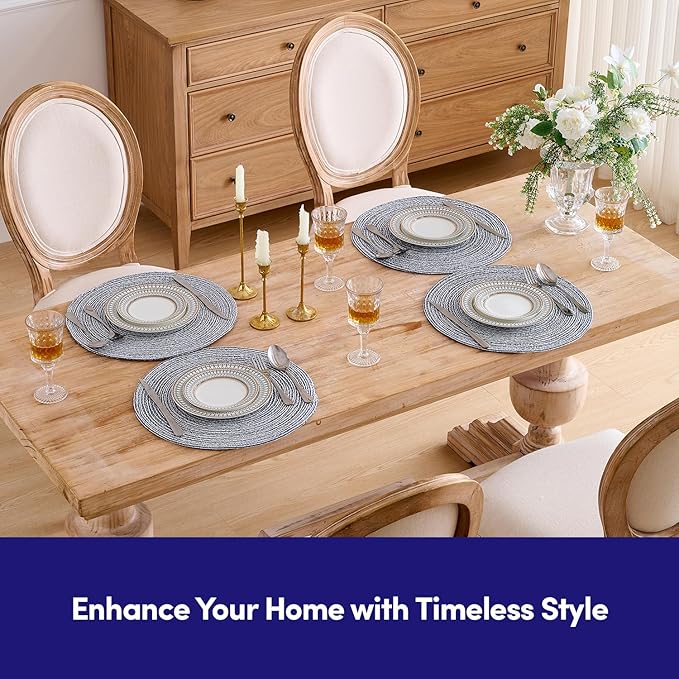 Round Placemats Set of 4-100% Cotton Two-Tone Placemat for Dining Table - Woven Braided Table Setting Place Mat - Washable Table Decor for Kitchen, Farmhouse, Rustic, Everyday Use, Navy