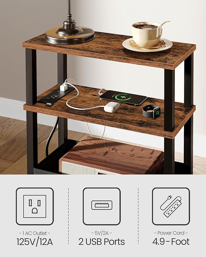 Small Narrow Side Table with Charging Station, Skinny End Table with Fabric Basket, Slim Nightstand for Small Spaces, Sofa Side Table, for Living Room, Bedroom, Rustic Brown and Black TBZ07UBF