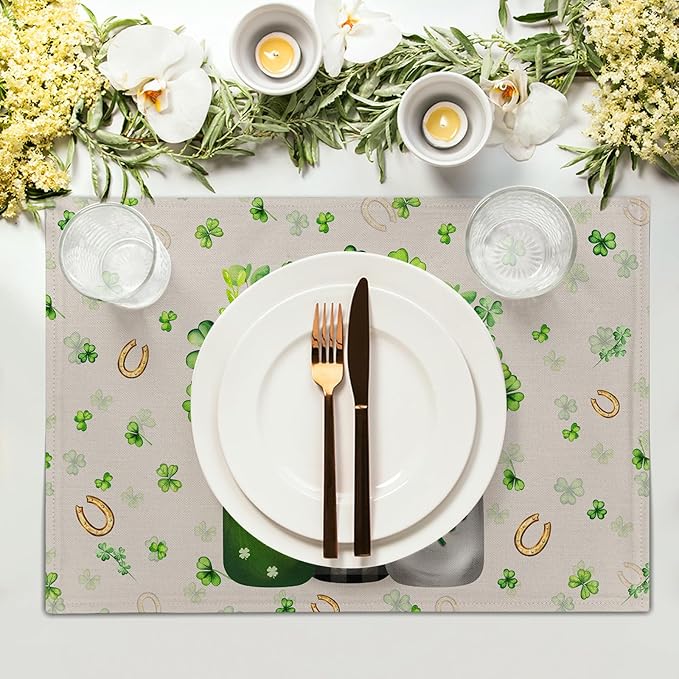 Giwawa 12"x18" Patrick Vases Placemats Set of 4 Lucky Shamrocks Horseshoes Mason Jars Place Mat Spring Clovers Leaf Elf Hat Washable Linen Table Mats for Party Kitchen Dining Holiday Decor