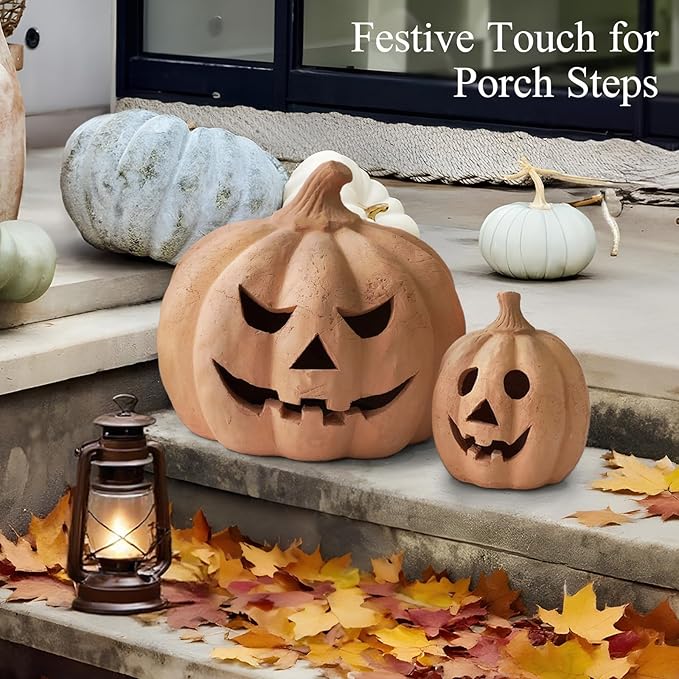 Fall Decor - Halloween Decorations - Handmade Terracotta Pumpkin Jack O' Lantern Outdoor Indoor - Cute Halloween Autumn Farmhouse Table Festival Decoration for Home Porch Front Door Mantel Room(Small)