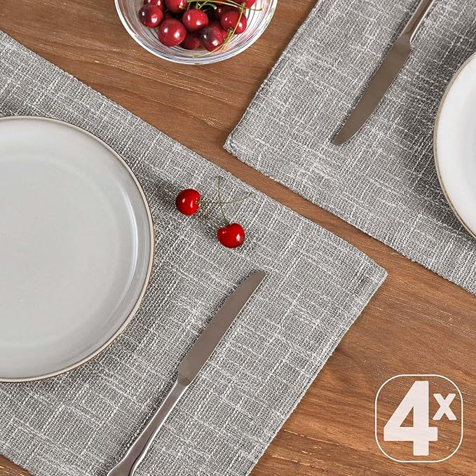 JINCHAN Burlap Textured Placemats Set of Four Farmhouse Cloth Place Mats Gray Table Mats Sturdy Fabric Placemats for Kitchen Dining Table Double Layer Heat Resistant Tablemats 13 x 19 Inch Grey
