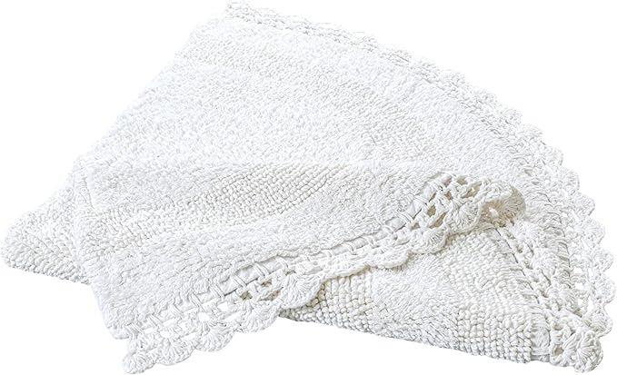 Half Circle Bohemian Bathroom Rug with Handwoven Chrochet Border, Beautifully Handcrafted 100% Cotton Mat - 22x42 inch, Round Boho Bedroom Rug, Boho Bathroom Décor, Machine Washable - White