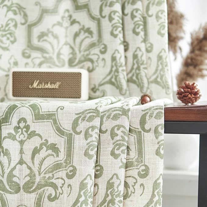 jinchan Linen Sage Green Damask Patterned Curtains 108 Inches Long for Living Room & Bedroom, Light Filtering Vintage Baroque Style Drapes with Grommet Window Treatments (2 Panels Set)