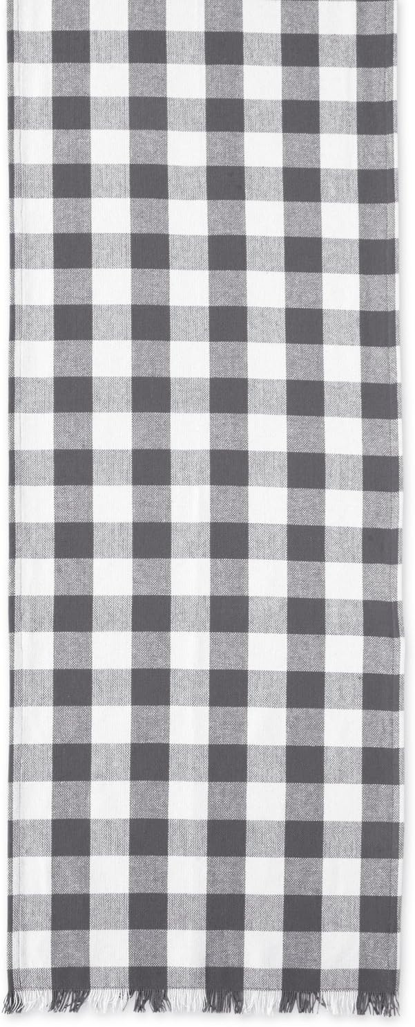 DII Heavyweight Fringed Check Tabletop Collection, Table Runner, 14x72, Gray