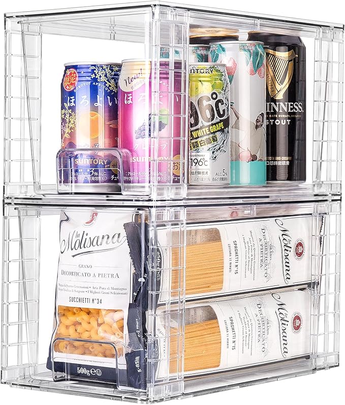 4Pack Large Stackable Kitchen Storage Drawers, Clear Foods Organizer Bins with Handles, Easily Assemble for Bathroom, Kitchen, Pantry, Cabinet, Closet(XL-Down Handle)