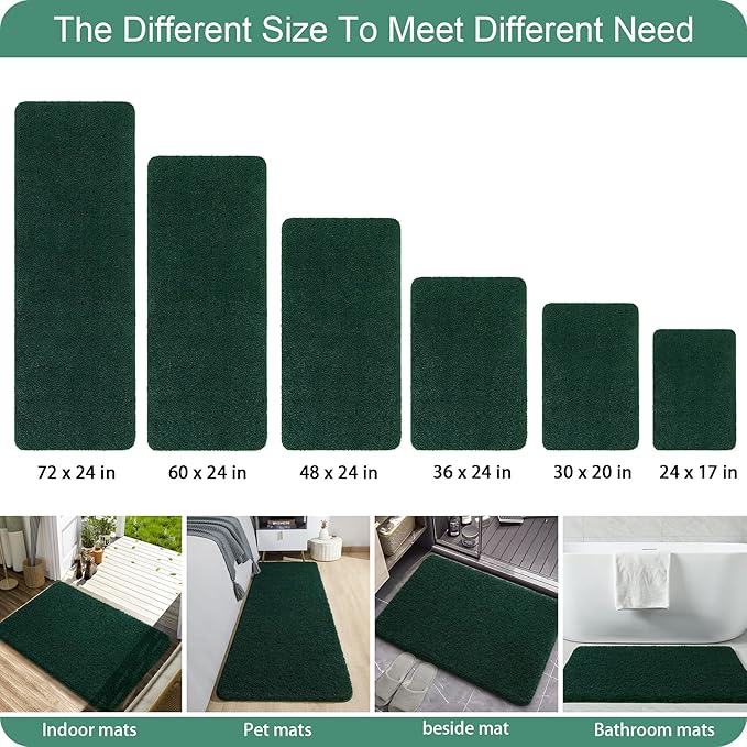 AROGAN Luxury Long Bathroom Runner Rug, 24x72 Inch Thick Soft and Absorbent Non Slip Bath Mat, Rubber Backing Quick Dry Rugs Carpets, Machine Washable Plush Mats for Shower Floor, Deep Green