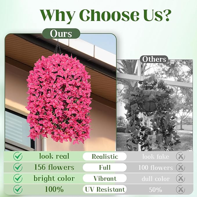 2Pcs UV Resistant Artificial Flowers for Outdoors, Realistic Faux Silk Bougainvillea Flowers, Fake Hanging Plants for Porch Patio Balcony Decoration (Rose Red)