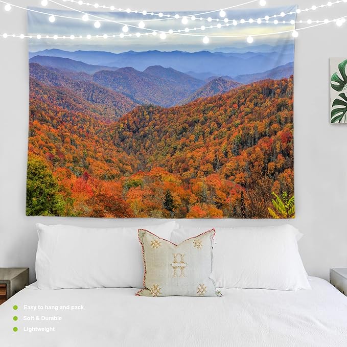 BaoNews Orange Natural Smoky Mountains Tapestry,Landscape Blue Sky Large Wall Hanging Polyester Tablecloths Tapestry Bedroom Room Living Room Dorm 51.2 x 59.1 inches
