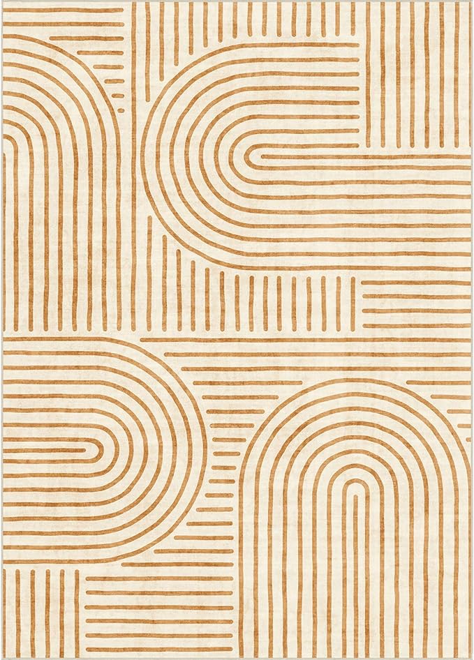 Washable Area Rug 5x7 - Boho Living Room Stain Resistant Soft Bedroom Ultra-Thin Orange Modern Abstract Rainbow Indoor Carpet for Dining Room and Nursery