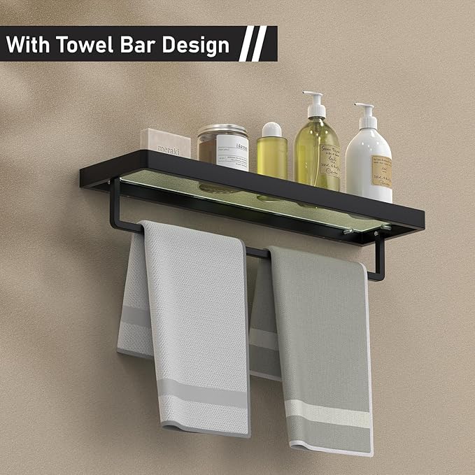 Floating Glass Shelves for Bathroom Glass Shelves 20-in with Towel Bar/Tempered Glass Rectangular 1 Tier Organizer Shelf (Matte Black, 20'')