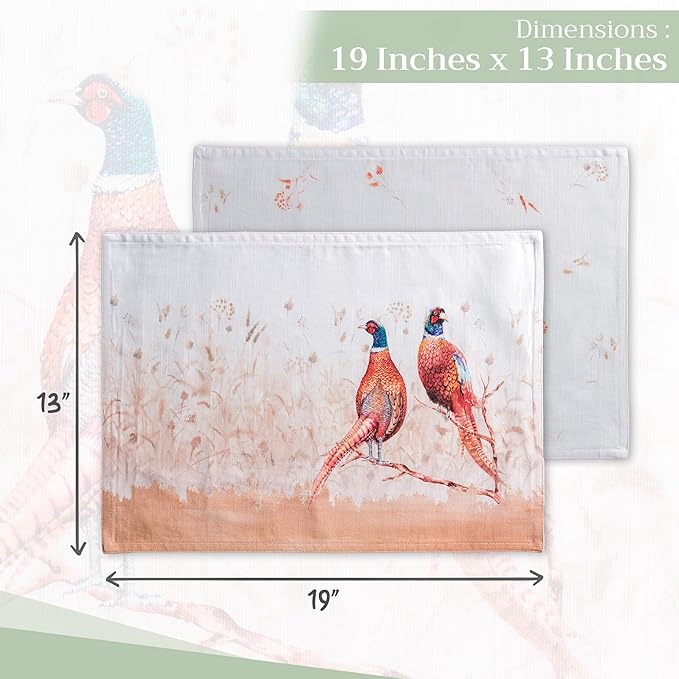 Maison d' Hermine Placemats Set of 4 100% Cotton Washable Cloth Place Mats, Reusable Table Mats for Kitchen Dining Decoration, Party, Wedding, Restaurant (Faisan D'Automne, 13" x 19")