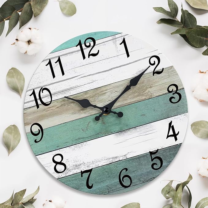 CHYLIN Wall Clock Silent Non Ticking Wall Clocks Battery Operated,Teal Rustic Clock Decorative for Kitchen Bathroom Bedroom Living Room(8 Inch)