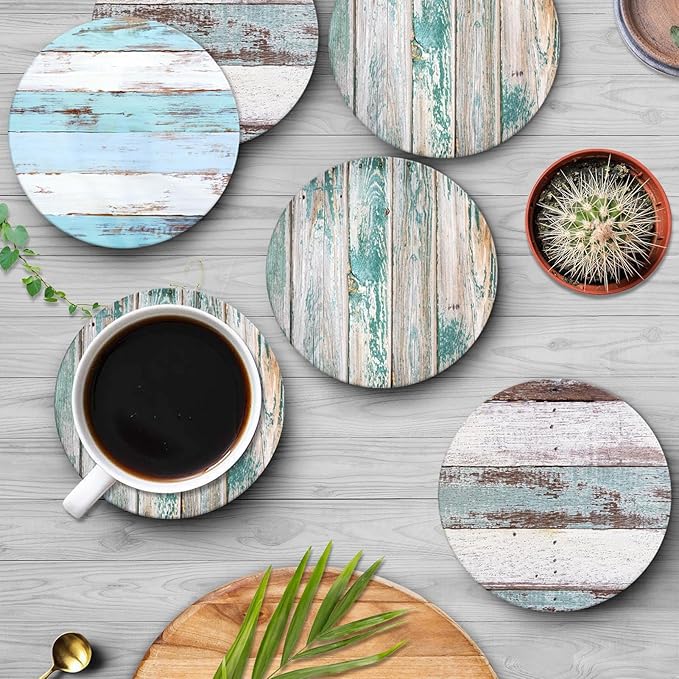 Britimes Coaster for Drinks Set of 6, Wooden Board Brown Blue Table Absorbent Round Ceramic Stone Mat, with Cork Base and Metal Holder, Gift for Housewarming Room Bar Decor