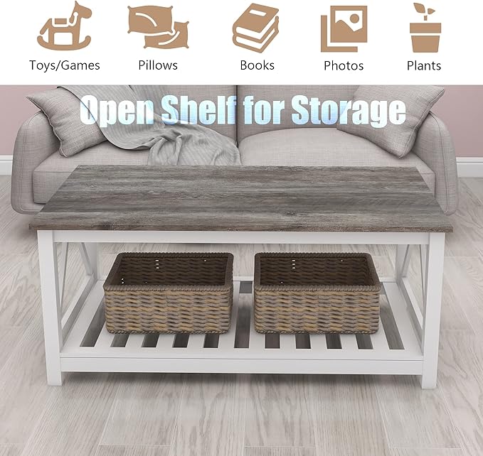 Farmhouse Coffee Table for Living Room, 2-Tier Rectangular Wooden Centre Cocktail Table with Slats Shelf Storage and V-Shaped Frame, Oak Grey