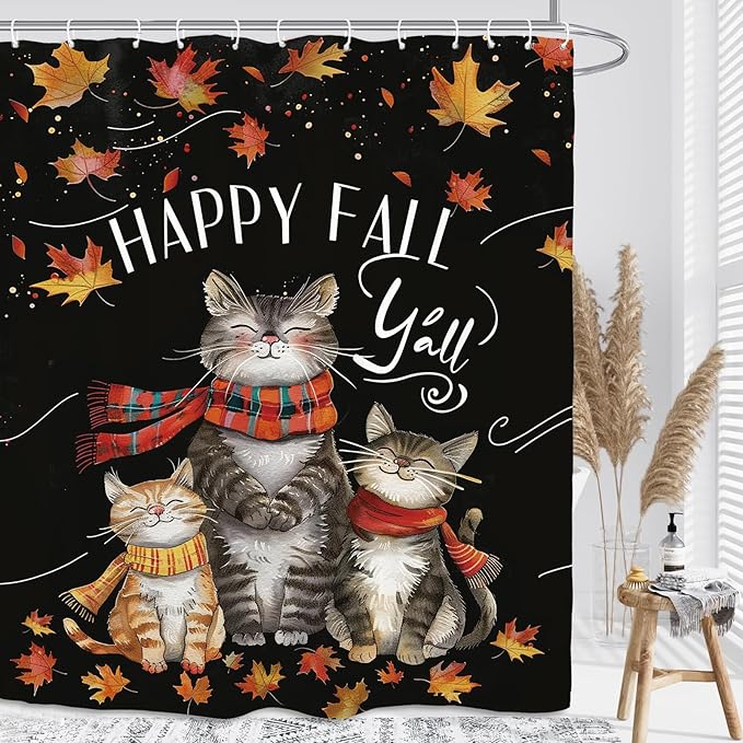 Funny Cat Autumn Shower Curtain 60Wx72L Inch Fall Maple Harvest Thanksgiving Animal Cute Bathroom Set Accessories Decor with 12 Pack Hooks