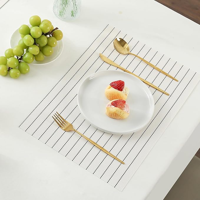 Leetaltree White with Black Stripes Placemats Set of 12 - Heat Resistant Non-Slip Place mats for Dining Table, Washable Durable PVC Vinyl Woven Table Mats(White Stripes, 12)