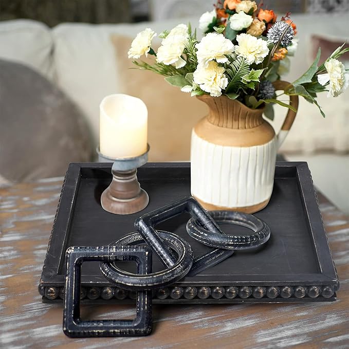 HPC Decor 12in Square Decorative Tray for Home Decor Wood Beaded Tray (Black)
